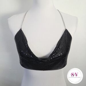 Black sequin crop halter top with silver chain straps